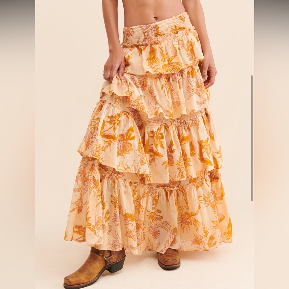 Free People Peach & Mustard Floral Tiered Maxi Skirt